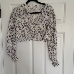 Free People Floral Ruffle Blouse - Cream and Purple